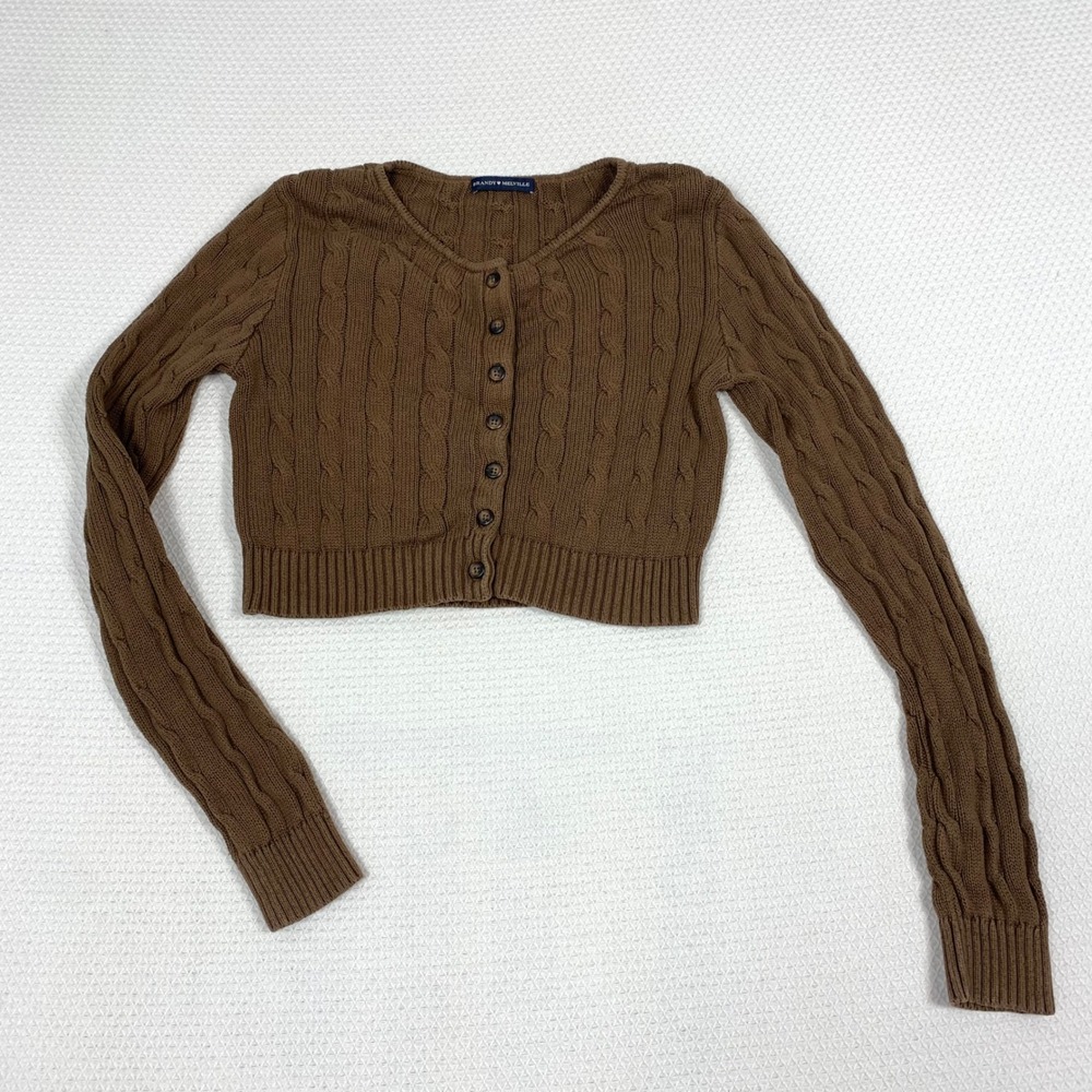 Brandy Melville Womens One Size Brown Cable Knit Cropped Cardigan Sweater MH272